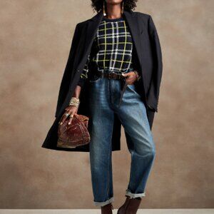 Banana republic aire navy plaid puff sleeve sweater NYT size S